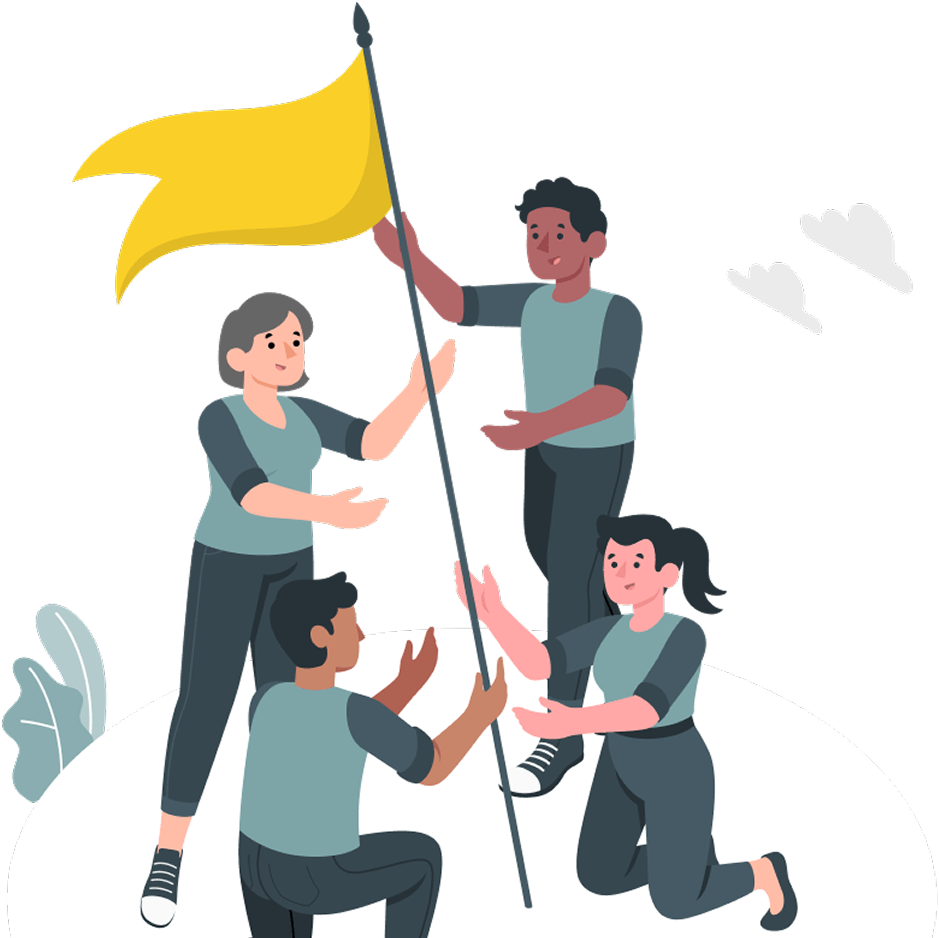 People holding a climate commitment flag